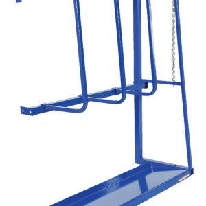The blue Vestil Expand Vertical Bar Rack Ext 59 In H is a metal storage solution for cylinders with a sturdy frame, supporting bars, and a secure chain on one side. Its solid rectangular base ensures stability, making it perfect for organized, safe storage.