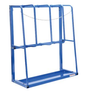 The Vestil Expand Vertical Bar Rack Start 59 In H is a sleek blue metal storage unit featuring four vertical bars, a secure chain, and a rectangular base, designed to efficiently hold large cylindrical objects such as gas cylinders.