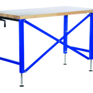 The Vestil Manual Adjust Ergo Work Bench 60 X 30 In features a wooden top and bright blue metal legs with cross-brace supports and adjustable leveling feet, making it sturdy and functional for workshops or garages.