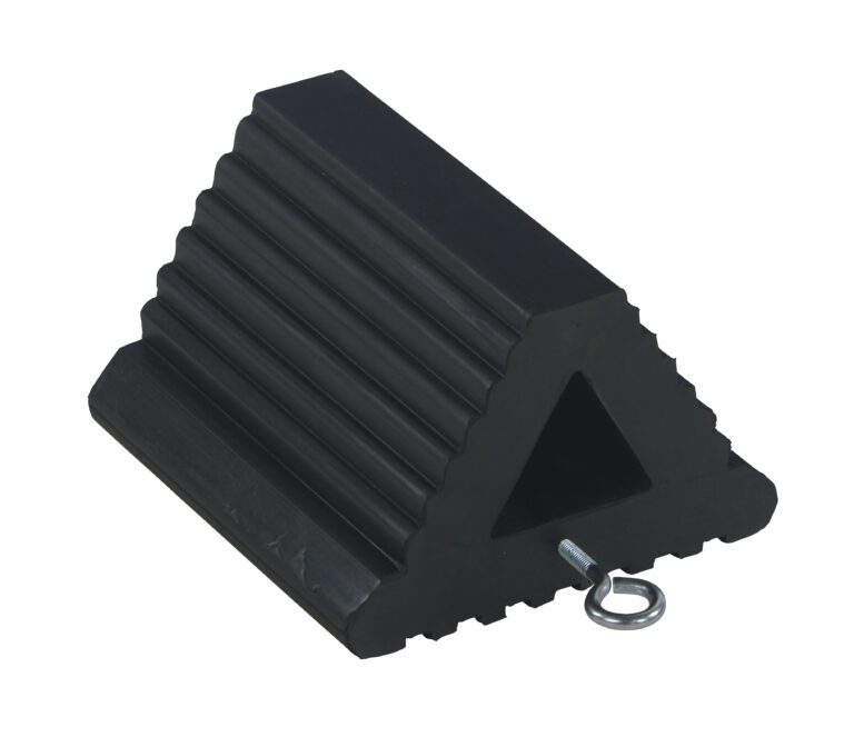 The Vestil Extruded Rubber Wheel Chock 8.5 X 8.5 X 6 features a durable black triangular design with a ridged surface for stability, and includes a hollow center with a silver metal loop for practicality.