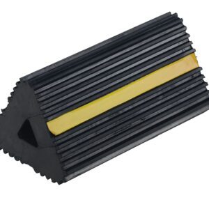 The black Vestil Extruded Rubber Wheel Chock 6.5X12X5.75 features a triangular shape, ridged surface, and central yellow stripe for enhanced stability and visibility.