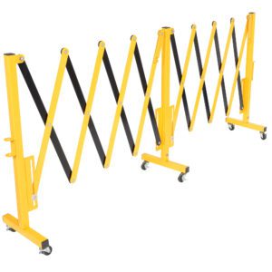 The Vestil Steel Expand-A-Gate 192 Max Width, featuring a yellow and black scissor design on wheels, extends to 192. Its accordion mechanism is perfect for crowd control or access restriction, providing durability and flexibility.