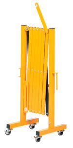 The yellow mobile scaffolding ladder features swivel casters and a vertical handle for safety and ease of use, just like the convenience offered by the Vestil Steel Expand-A-Gate W/Casters 15-144 W, ensuring easy transport and storage.