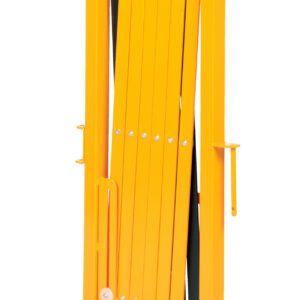 The yellow mobile scaffolding ladder features swivel casters and a vertical handle for safety and ease of use, just like the convenience offered by the Vestil Steel Expand-A-Gate W/Casters 15-144 W, ensuring easy transport and storage.