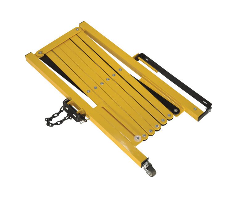 The yellow folding wheelchair ramp, akin to the Vestil Steel Expand-A-Gate Wall/Rack Mount, includes a black handle and small wheel. Interconnected panels secured with screws and a sturdy metal chain on one end provide reliable support.