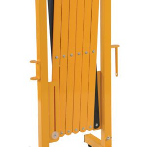 The orange folding barricade, similar to the Vestil Steel Expand-A-Gate 15 To 144 In Width, stands vertically with multiple horizontal slats in a sturdy frame. It has side handles and rests folded on a flat surface, expandable from 15 to 144 inches in width.
