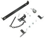 The Vestil Steel Expand-A-Gate Wall/Rack Mount Kit, arranged on a white background, consists of black metal hardware: a long bracket with holes, two mounting brackets, a wheel caster, a pin with chain, and assorted screws and washers.