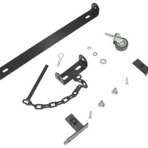 The Vestil Steel Expand-A-Gate Wall/Rack Mount Kit, arranged on a white background, consists of black metal hardware: a long bracket with holes, two mounting brackets, a wheel caster, a pin with chain, and assorted screws and washers.