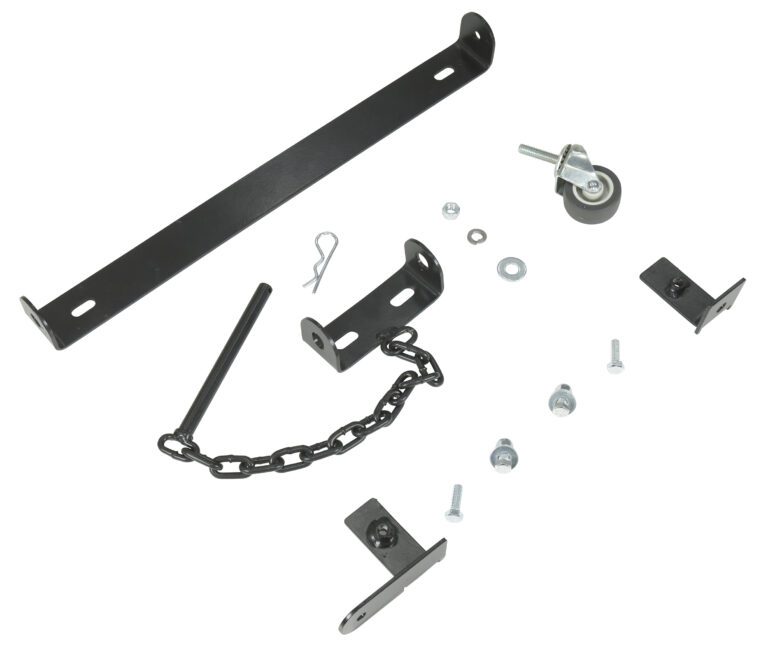 The Vestil Steel Expand-A-Gate Wall/Rack Mount Kit, arranged on a white background, consists of black metal hardware: a long bracket with holes, two mounting brackets, a wheel caster, a pin with chain, and assorted screws and washers.