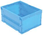 The blue plastic storage crate, similar to the Vestil Folding Container 17.1X22.1X11.5 Usable, features reinforced sides and an open top for easy access. Its sturdy rectangular design with interlocking edges ensures secure stacking with other crates.