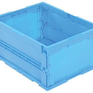 The blue plastic storage crate, similar to the Vestil Folding Container 17.1X22.1X11.5 Usable, features reinforced sides and an open top for easy access. Its sturdy rectangular design with interlocking edges ensures secure stacking with other crates.
