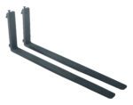 Two black metal forklift forks, similar to the Vestil Forged Stl Forks W/Carriage Pins 4K 36In, are placed parallel on a white background with a rectangular shape featuring vertical backs and horizontal prongs.