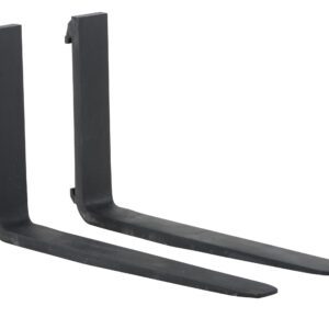 The Vestil Forged Steel Forks 4K Capacity 36 In L are displayed parallel on a white background. They feature a right-angle bend and showcase both their flat horizontal ends and upright vertical posture in black metal.