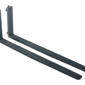 Two black Vestil Forged Stl Forks W/Carriage Pins 4K 48In are displayed on a white background, with the forks being long and straight, having a slight bend at one end for forklift attachment.