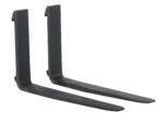 Two black metal forklift tines, resembling the Vestil Forged Steel Forks 4K Capacity 48 In L, sit side by side against a white background. They feature a 90-degree angle at one end for efficient lifting and transporting of materials.