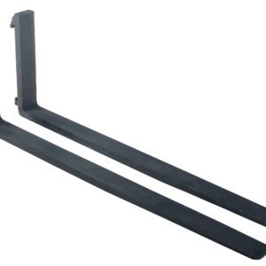 Two black metal forklift forks, such as the Vestil Forged Steel Forks 4K Capacity 60 In L, lie parallel. Their L-shape includes long horizontal prongs and shorter vertical sections with hooks for easy attachment.
