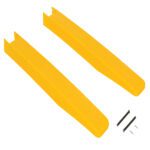 Two Vestil Fork Blade Protectors Polyethylene 5X42 in yellow are placed side by side on a white background, accompanied by two black pins and two small bolts.