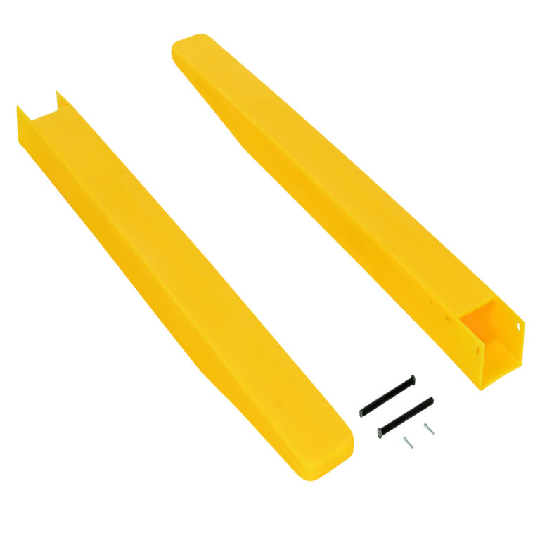 Two long, yellow Vestil Fork Blade Protectors Polyethylene 5X48 lie parallel on a white background, accompanied by two black screws and two small metal pins beneath them, suggesting their assembly components.