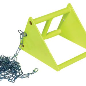 The Vestil Steel Wheel Chock 10.5 Fluorescent Yl boasts a bright triangular design with a metal chain, two holes, and a horizontal bar for enhanced stability.