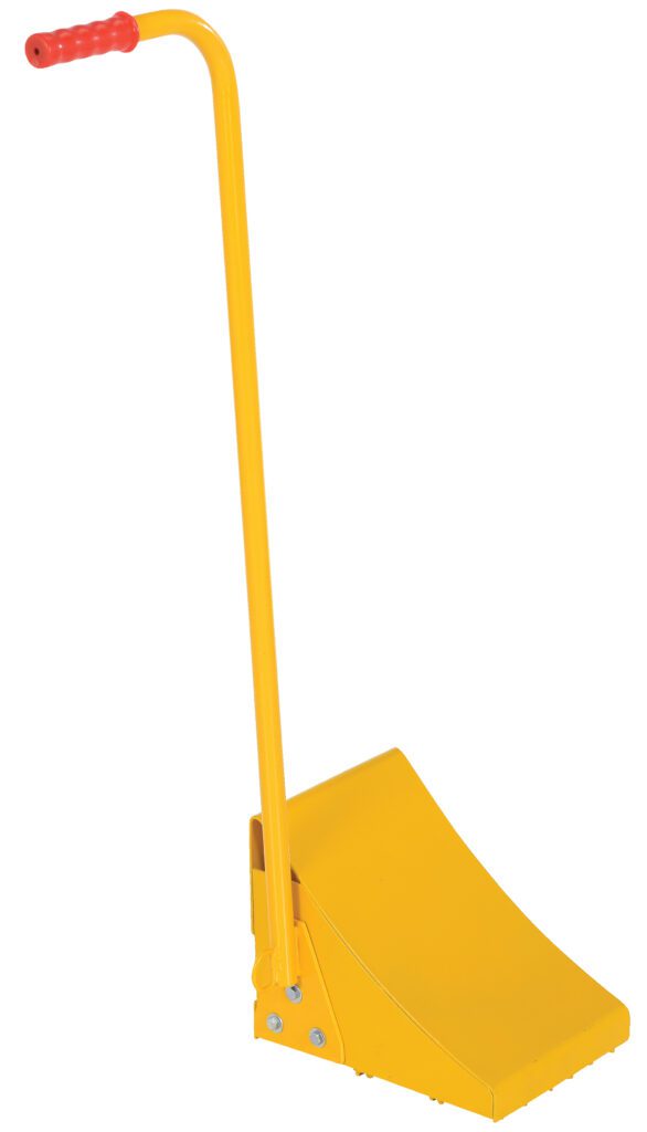 FAB-11-ERGO_A.jpg The Vestil Fabricated Ergo-Handled Wheel Chock 11, in bright yellow with a red handle, features a robust wedge design and extended handle for easy maneuverability, making it ideal for securing stationary vehicles.