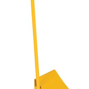 The Vestil Fabricated Ergo-Handled Wheel Chock 11, in bright yellow with a red handle, features a robust wedge design and extended handle for easy maneuverability, making it ideal for securing stationary vehicles.