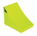 A vibrant green wedge-shaped ramp, with a smooth curve and squared edges, resembles a mini skateboard or bike ramp against a white backdrop. Its design is as striking as the fluorescent glow of a Vestil Steel Wheel Chock 11 in safety yellow.