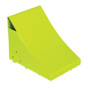 A vibrant green wedge-shaped ramp, with a smooth curve and squared edges, resembles a mini skateboard or bike ramp against a white backdrop. Its design is as striking as the fluorescent glow of a Vestil Steel Wheel Chock 11 in safety yellow.