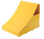 Yellow plastic ramp with a smooth, curved design, featuring an overhanging lip and rectangular base, inspired by the sleek style of Vestil Formed Steel Wheel Chock 11 In Length. Designed as a prop or toy for small-scale use.
