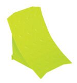 The Vestil Steel Wheel Chock 9.5 in fluorescent yellow-green has a textured diamond surface and a broad base that tapers to a curved top, enhancing stability and visibility in various conditions.