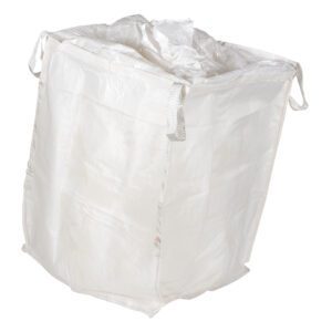 The Vestil Fabric Hopper 3.3K, a large white polypropylene bulk bag with four lifting loops, has slightly crumpled sides but offers durable woven material. Its perfectly sized at 36 x 36 x 45 inches for storing and transporting up to 40 Cu Ft of bulk materials.