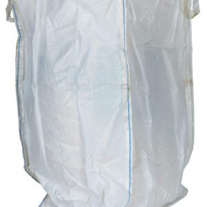 The Vestil Fabric Hopper 3.3K (78 Cu Ft, 36 X 36 X 63) is a large white woven polypropylene bulk bag featuring blue-stitched seams, four corner lifting loops, and a flat reinforced bottom. Its shown upright and slightly crumpled.