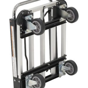 The Vestil Fold-Up Aluminum Platform Truck 28X16X9 features a foldable metal frame, four wheels (two large), and a retractable handle for easy storage. Its sleek black and silver design ensures efficient transport and storage.