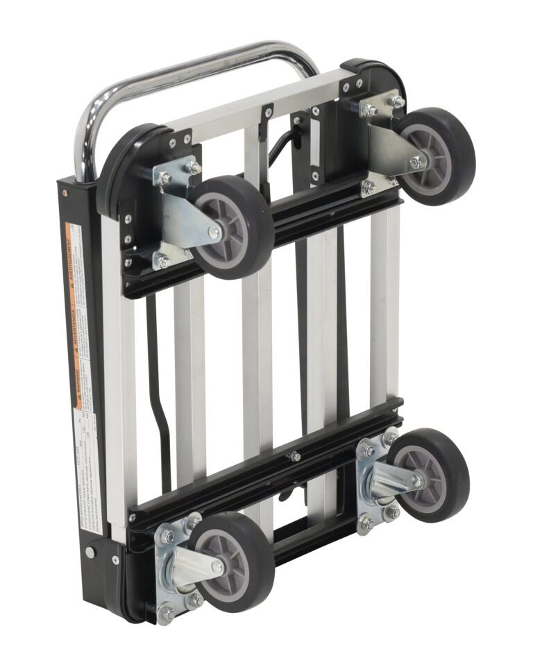 The Vestil Fold-Up Aluminum Platform Truck 28X16X9 features a foldable metal frame, four wheels (two large), and a retractable handle for easy storage. Its sleek black and silver design ensures efficient transport and storage.