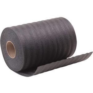 A roll of MH-USA Perforated Recycled Black Air Foam, partially unrolled, shows off its textured surface with a hollow core and serrated edge.