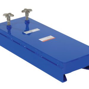 The Vestil Forklift Beam Mover, a blue rectangular metal device with a flat top, has two adjustable screw handles and can handle up to a 7 1/2-inch flange with a 500 lb capacity; it features labels and a partially open base.