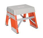 The Vestil Fiberglass Industrial Step Stand 1 Step features a compact orange design with a gray top, rubber feet, four legs, and metal reinforcements for superior stability and support.