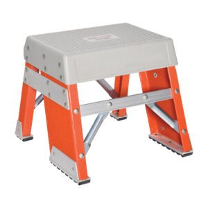 The Vestil Fiberglass Industrial Step Stand 1 Step features a compact orange design with a gray top, rubber feet, four legs, and metal reinforcements for superior stability and support.
