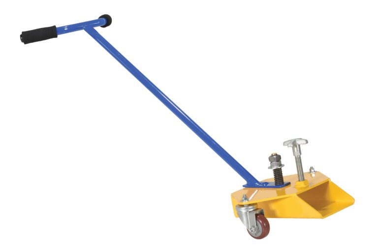 The Vestil Fork Truck Fork Caddy has a 300 lb capacity and features a blue steel handle with a black grip. It connects to a yellow triangular dolly with two wheels, adjustment knobs, a small red caster, and metal assemblies for height adjustments.