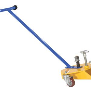 The Vestil Fork Truck Fork Caddy has a 300 lb capacity and features a blue steel handle with a black grip. It connects to a yellow triangular dolly with two wheels, adjustment knobs, a small red caster, and metal assemblies for height adjustments.