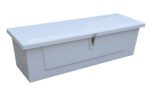 The Vestil Fiberglass Storage Case 20L X 60W X 18H is a large, white rectangular box with a hinged lid and metal latch, elegantly displayed against a plain white background.
