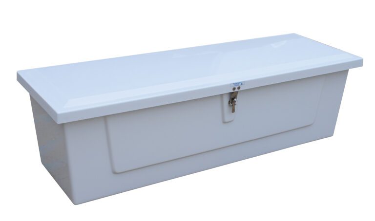 The Vestil Fiberglass Storage Case 20L X 60W X 18H is a large, white rectangular box with a hinged lid and metal latch, elegantly displayed against a plain white background.