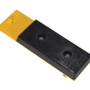 A yellow and black rectangular plastic object with two screw holes, similar to the Vestil Fork Truck Carriage Bumper Class III. The yellow part has an angled tab at one end, indicating its role as an industrial or mechanical component.