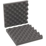 Two upright pieces of MH-USA 10 x 10 x 2 charcoal convoluted foam showcase a wavy texture for effective soundproofing and protection. Available in cases of 24 sets.