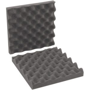 Two upright pieces of MH-USA 10 x 10 x 2 charcoal convoluted foam showcase a wavy texture for effective soundproofing and protection. Available in cases of 24 sets.