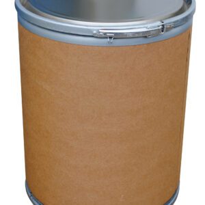 The Vestil Fiber Drum 15 Gallon Capacity is a large, round, brown cardboard drum with a silver metal lid and rims. It stands upright with a smooth surface and features a secure latch on the lid, making it ideal for storing or transporting bulk materials effortlessly.