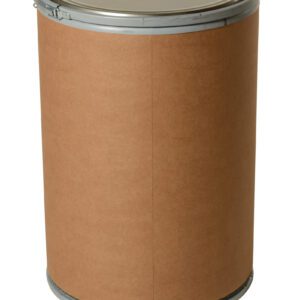 The Vestil Fiber Drum 30 Gallon Capacity is large and cylindrical with a plain brown surface, featuring silver-colored metallic edges. It has a metal lid and bottom, designed to stand upright.