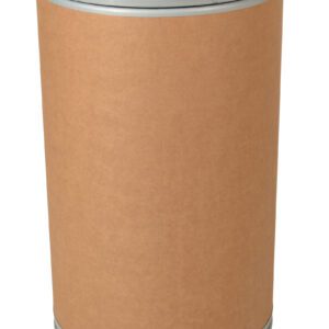 This large, brown cylindrical cardboard barrel looks like a Vestil Fiber Drum with its 55-gallon capacity and metal rims on the top and bottom. Its securely fitted lid gives a sealed appearance, with no visible labels or markings.