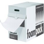 A cardboard box labeled foampack opens to reveal a roll of MH-USA 1/4 x 12 x 85 Air Foam Dispenser Packs. The sleek white and gray design includes a convenient carrying handle on top.