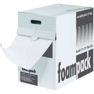 The MH-USA Air Foam Dispenser Pack, measuring 1/4 x 24 x 85, comes in a white cardboard box with dark gray text. It features a side opening for easy access to the foam wrap strip inside.