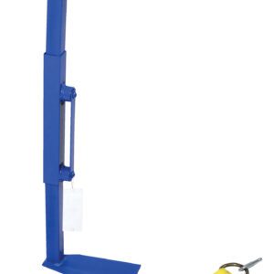 A blue metal lifting clamp with a padded grip is shown beside a yellow safety tag, attached by a short chain of circular links, perfectly complementing the Vestil Fiber Drum Adapter that fits 12-21 diameter drums.